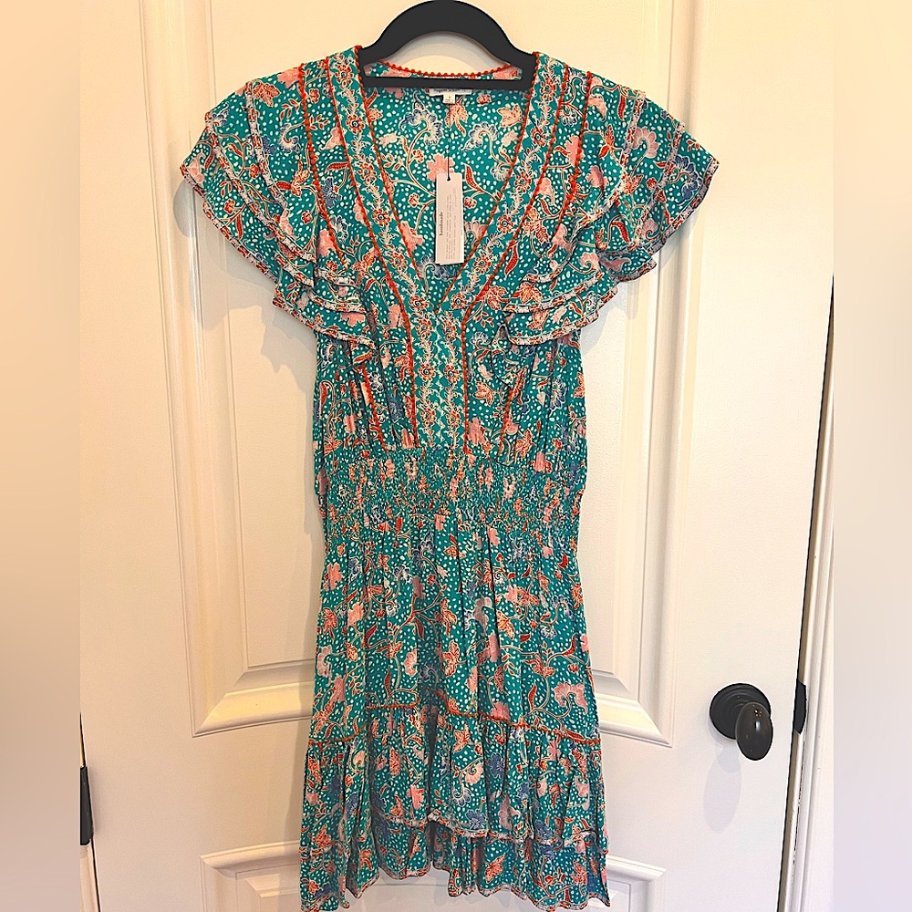 Poupette St Barth NEW  Camila Smocked Waist Mini Dress in Teal Size S